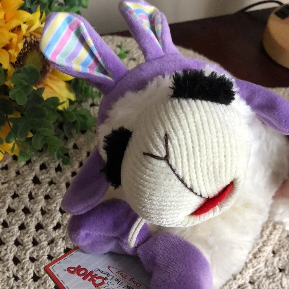 Easter Plush Lamb Chop Dog Toy with Purple Ears